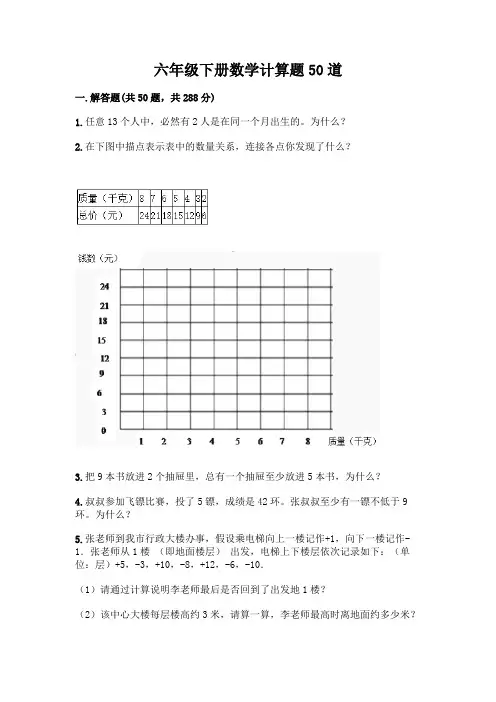 六年级下册数学计算题50道及答案(全优)
