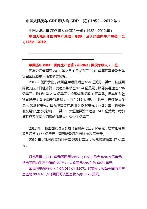 中国大陆历年GDP和人均GDP一览（1952—2012年）
