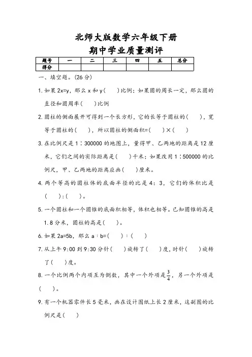 六年级下册北师版数学期中试卷