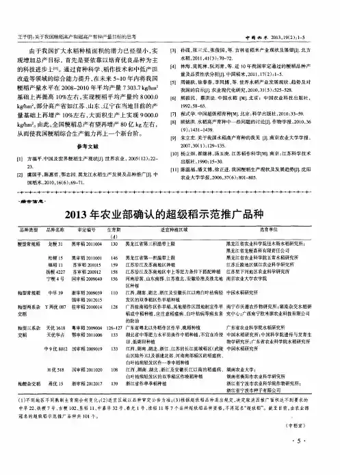 2013年农业部确认的超级稻示范推广品种
