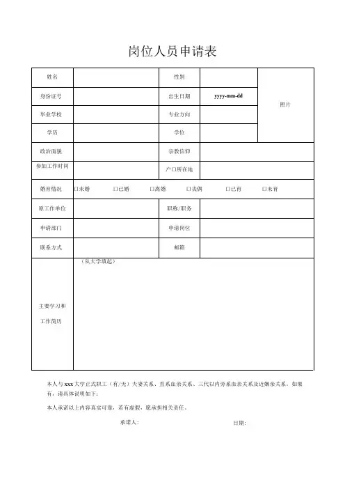 岗位人员申请表