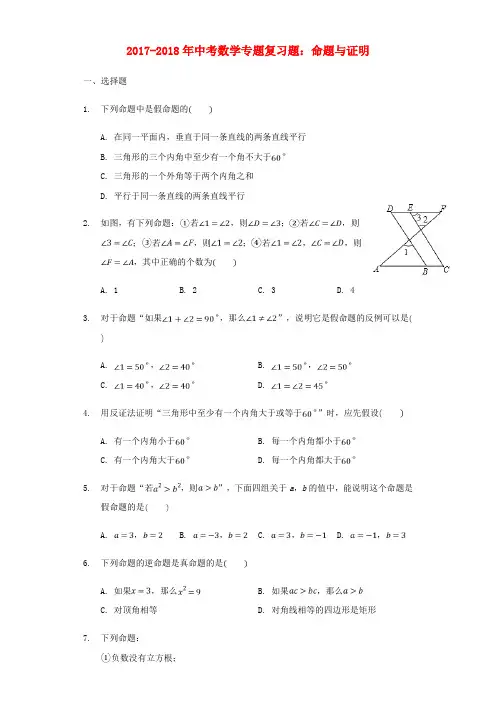 2017-2018年中考数学专题复习题 命题与证明(含解析)