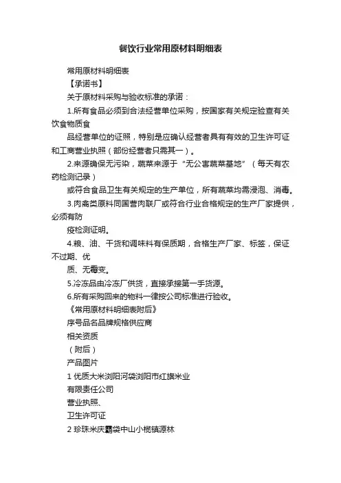 餐饮行业常用原材料明细表