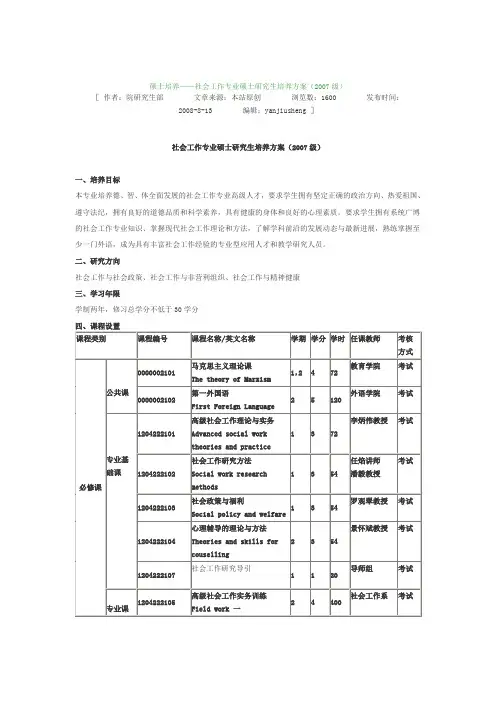 社会工作专业硕士研究生培养方案(2007级)