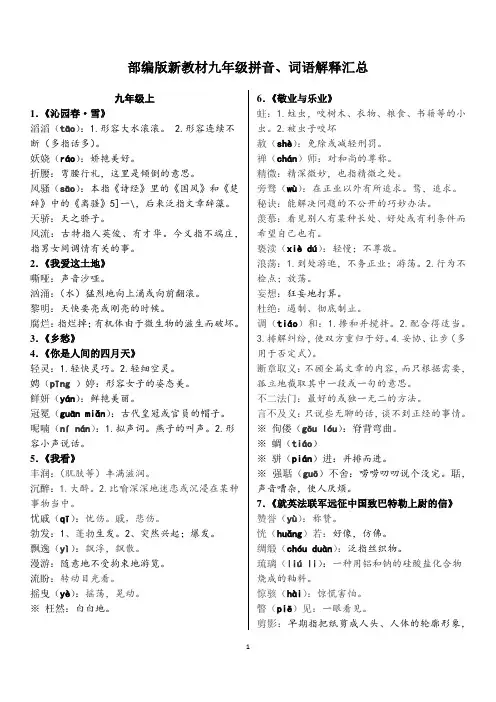 部编版九年级上下册拼音、词语解释汇总