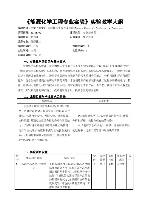 《能源化学工程专业实验》课程教学大纲