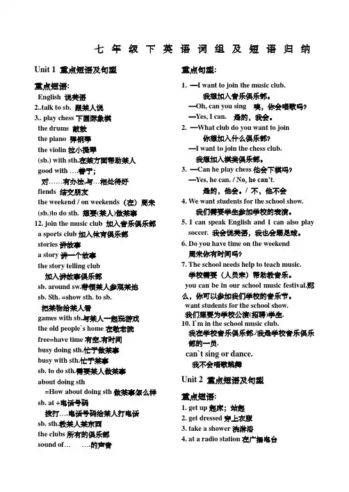 七年级下英语词组及短语归纳