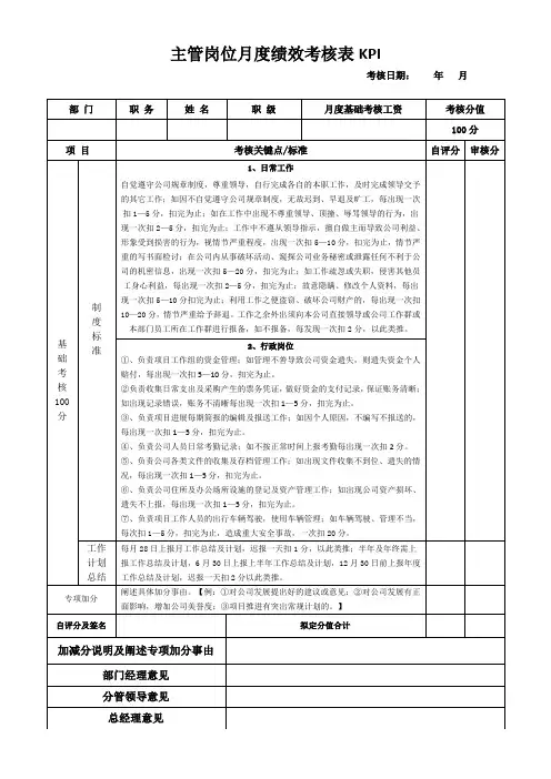 主管岗位月度绩效考核表KPI