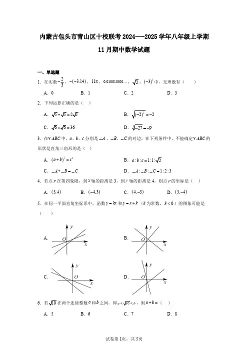 内蒙古包头市青山区十校联考2024—-2025学年八年级上学期11月期中数学试题