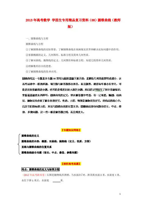 2013年高考数学 学困生专用精品复习资料（08）圆锥曲线（教师版）