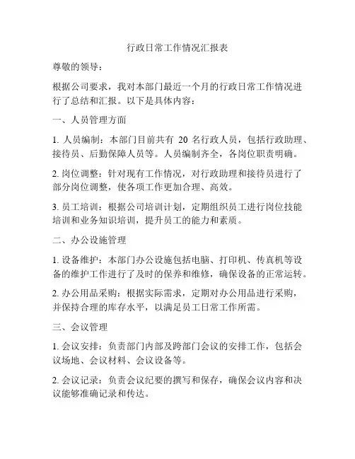 行政日常工作情况汇报表
