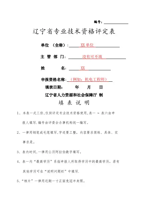 辽宁省专业技术资格评定表模板