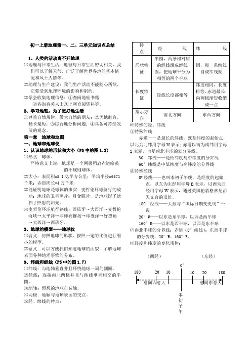 初一上册地理第一、二、三单元知识点总结