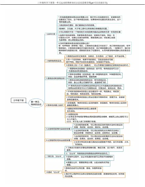 三年级科学下册第一单元运动的物体知识点总结思维导图(a4可以直接打印)