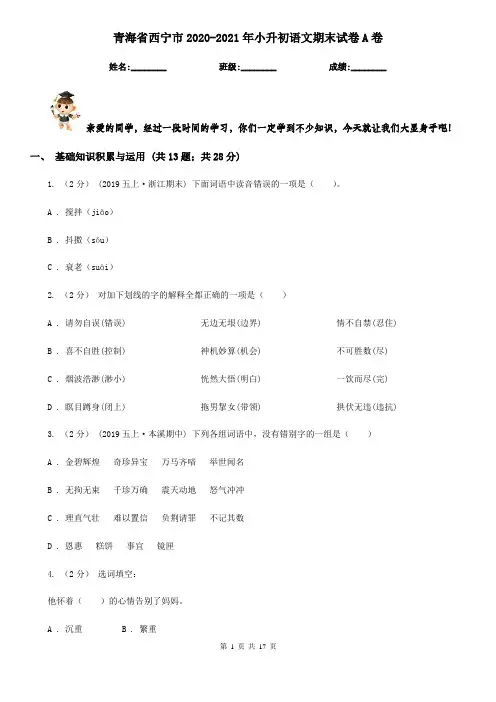 青海省西宁市2020-2021年小升初语文期末试卷A卷(模拟)