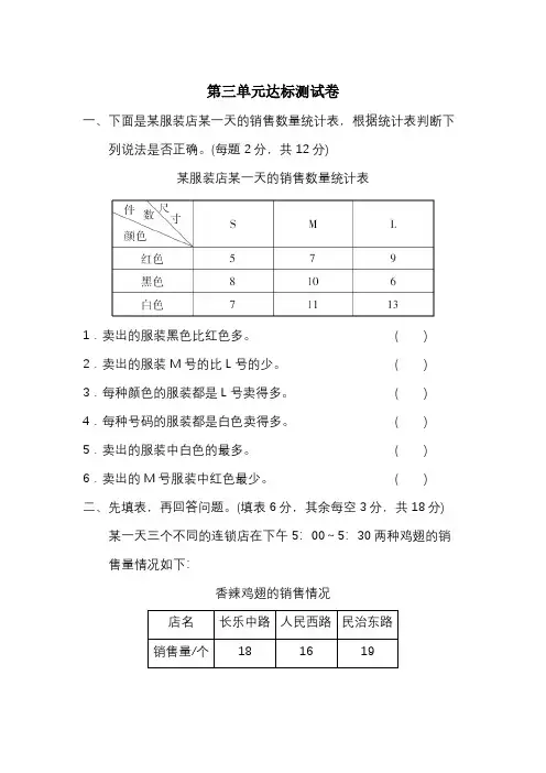 新人教版三年级下册数学第三单元《复式统计表》单元测试卷(4套含答案)