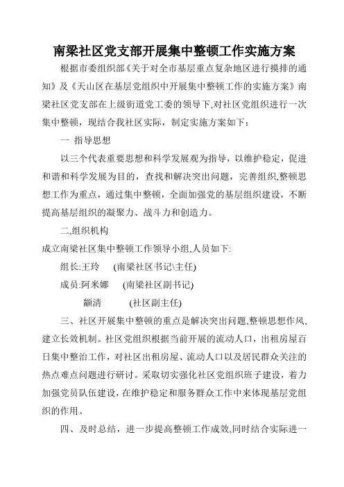 南梁社区党支部开展集中整顿工作实施方案