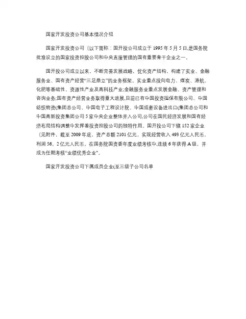 国家开发投资公司基本情况介绍概要