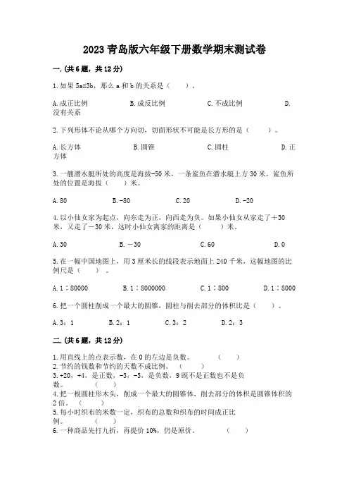 2023青岛版六年级下册数学期末测试卷含精品答案