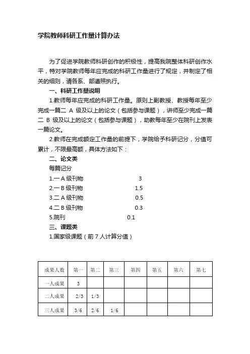 学院教师科研工作量计算办法