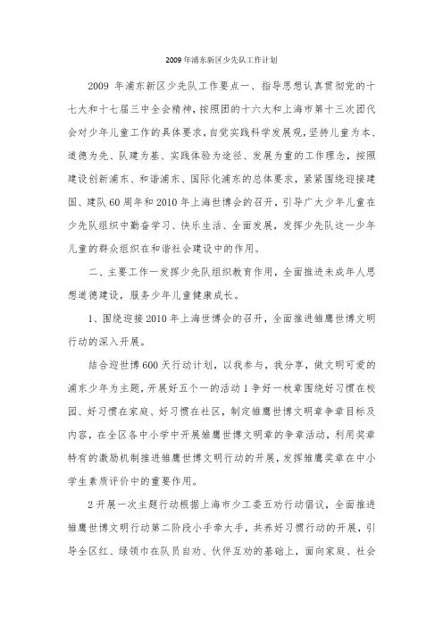 2009年浦东新区少先队工作计划