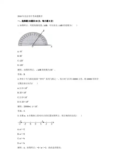 2016年北京市中考真题数学
