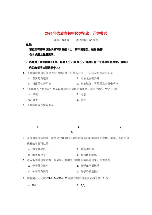福建省龙岩市2020年中考化学试卷