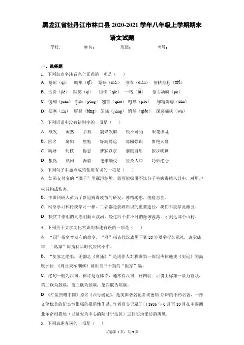 黑龙江省牡丹江市林口县2020-2021学年八年级上学期期末语文试题(含答案解析)