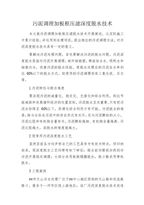 污泥调理加板框压滤深度脱水技术