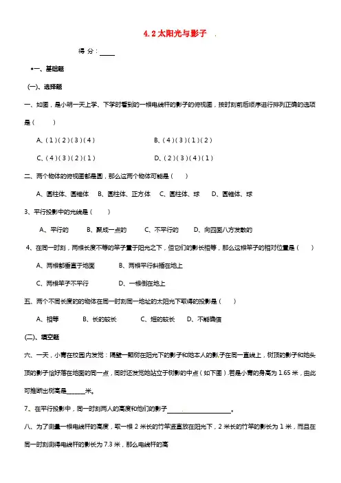 九年级数学上册《4.2 太阳光与影子》当堂训练 (1)