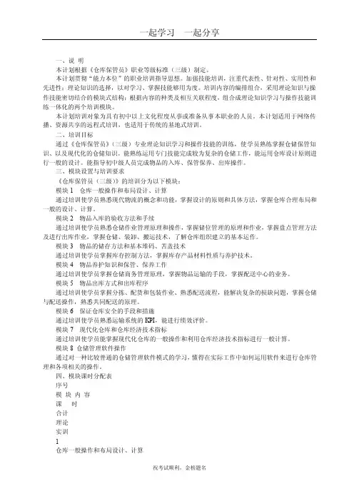 仓库保管员（三级）培训计划