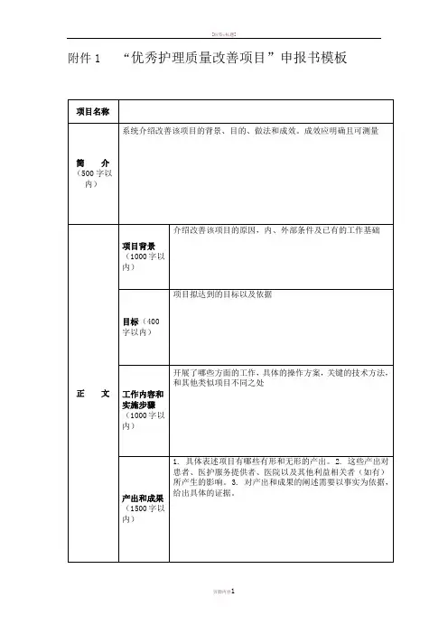 优秀护理质量改善项目申报书模板