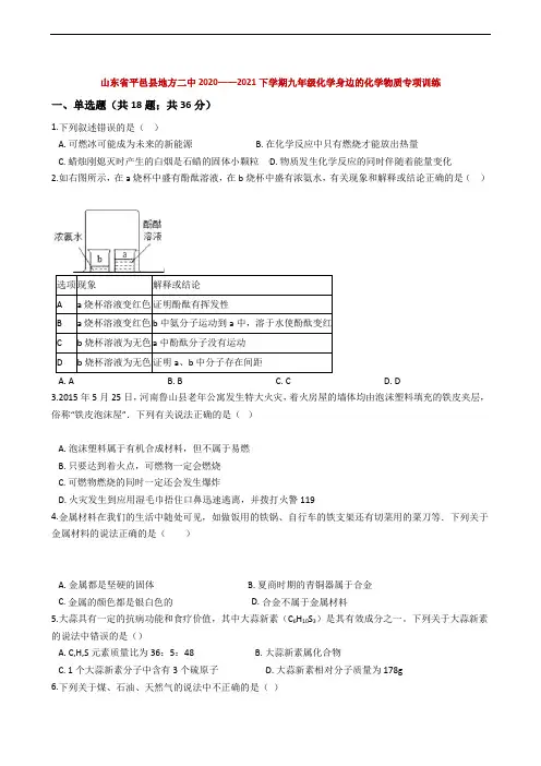 山东省平邑县地方二中2020-2021下学期九年级化学身边的化学物质专项训练