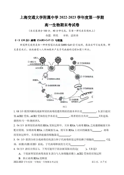 2023上海市交通大学附属中学高一上学期生物期末考试试卷及答案