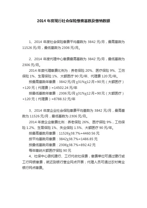 2014年度现行社会保险缴费基数及缴纳数额
