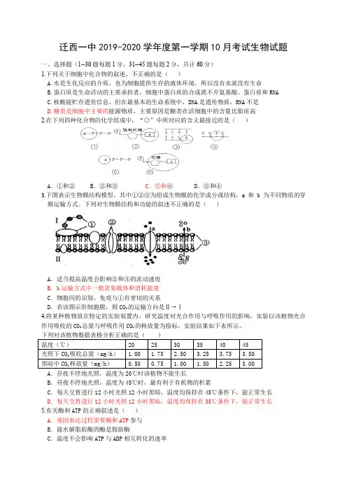 河北省迁西县第一中学2020届高三10月月考生物试题 Word版含答案