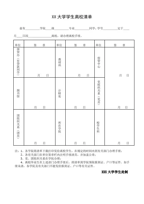 大学学生离校清单模板