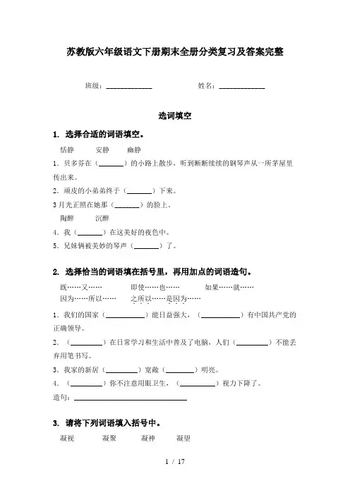 苏教版六年级语文下册期末全册分类复习及答案完整