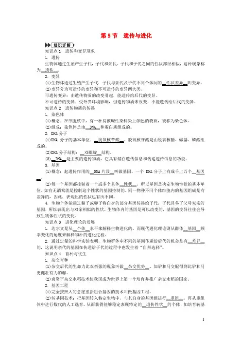 九年级科学下册第1章演化的自然1-5遗传与进化提优手册新版浙教版
