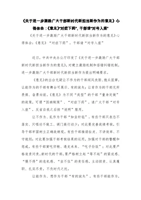 《关于进一步激励广大干部新时代新担当新作为的意见》心得体会：《意见》“对症下药”,干部请“对号入座”