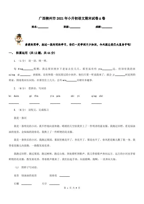 广西柳州市2021年小升初语文期末试卷A卷新版