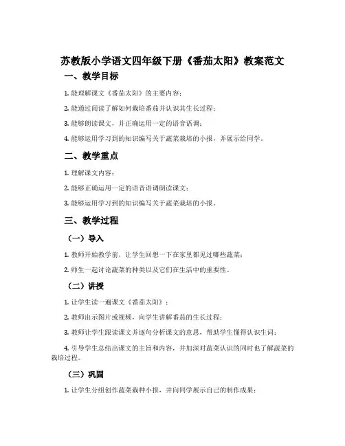 苏教版小学语文四年级下册《番茄太阳》教案范文