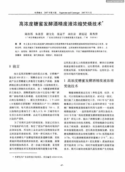 高浓度糖蜜发酵酒精废液浓缩焚烧技术