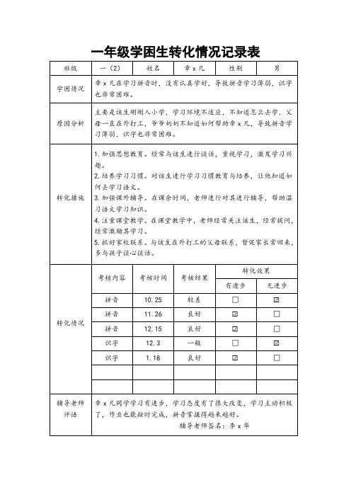 一年级学困生转化情况记录表