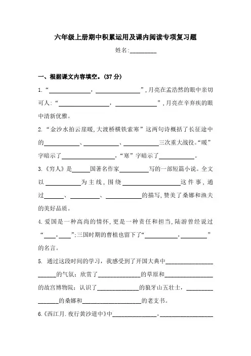 六年级上册语文试题-期中积累运用及课内阅读专项复习题(含答案)(1)人教统编版
