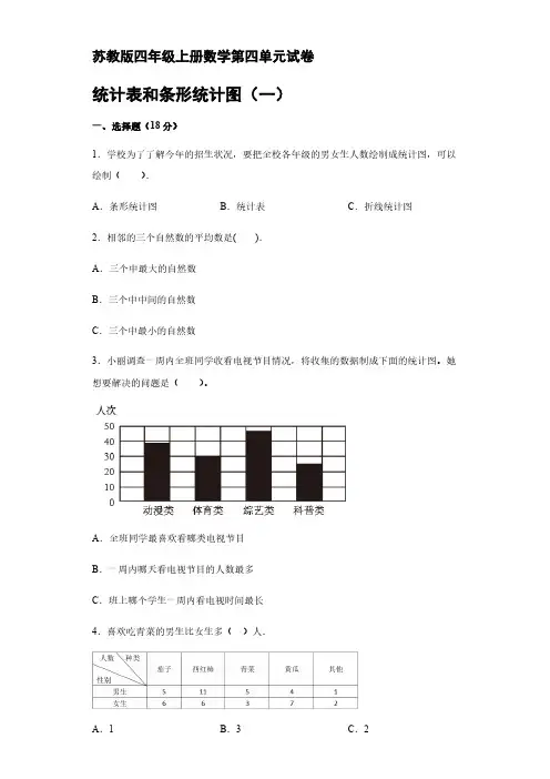 四年级上册数学第四单元 统计表和条形统计图(一)试卷   苏教版【含答案】