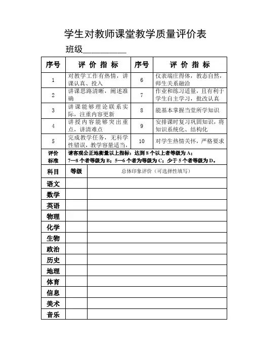 学生对教师课堂教学质量评价表