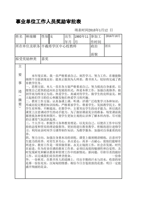 事业单位工作人员奖励审批表