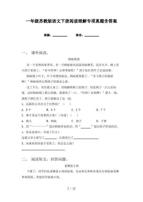 一年级苏教版语文下册阅读理解专项真题含答案