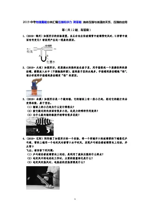 2019中考物理真题分类汇编压强和浮力 简答题 流体压强与流速的关系、压强的应用等(共12题,有答案)
